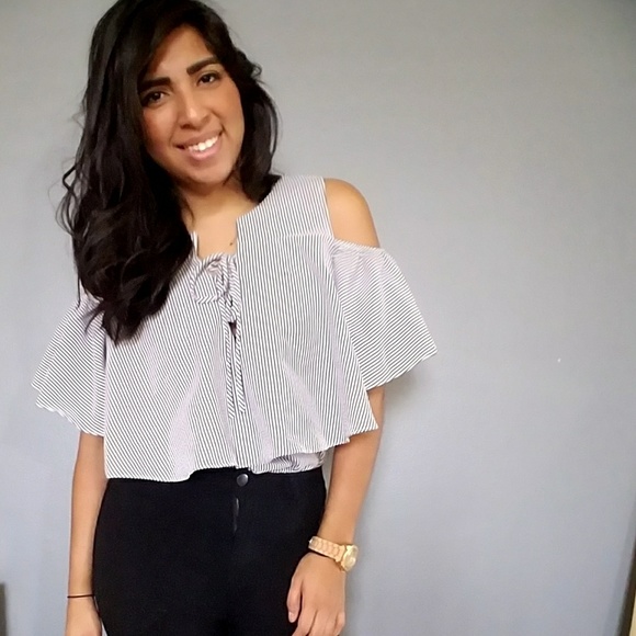 Tops - BLACK WHITE COLD SHOULDER RUFFLE TOP